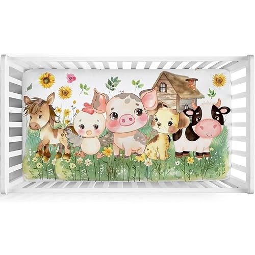 Farm Animals Life Baby Crib Sheets 52''x28'' Farmland Cow Pig Horse Dog Rooster Barn Stretchy Fitted Crib Mattress Covers for Boy Girl Country Farmhouse Soft Baby Bed Toddler Mattresses Sheets