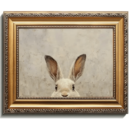 Uniro Vintage Gold Framed Wall Art, Easter Bunny Wall Art Decor, Neutral Rabbit Canvas Oil Painting Poster for Rustic Easter Décor, Vintage Home Decor Animals Artwork Prints Wall Decor for Kids Room, Living Room, Bedroom or Festive Spaces - 9x12inch
