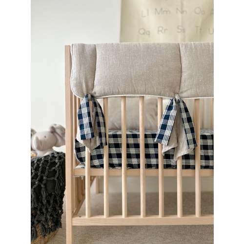 Flax Linen Rail Cover with Knot Ties and Accent Ties (Navy Plaid)