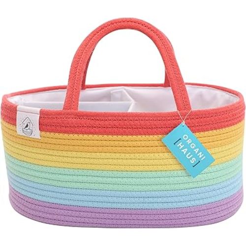 OrganiHaus Rainbow Nursery Storage Basket, Cotton Rope Toy & Diaper Caddy Organizer with Handles, Baby Diaper Organizer, Foldable Design, Machine Washable, Ideal for Baby Room & Laundry