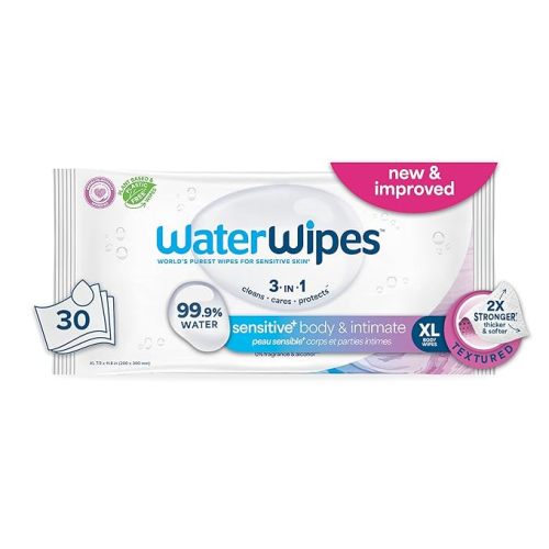 WaterWipes Sensitive+ Body & Intimate Wipes, 3-In-1 Cleans, Cares, Protects, 99.9% Water, Unscented & Hypoallergenic Hygiene Wet Wipes, Adult Care, 30 Wipes (1 Packs)