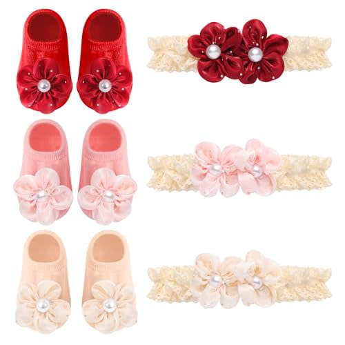 LIZISHU Baby Girls' Headband Socks Set Soft Floral Headwear + Non-Slip Socks for 0-12 Months Infant Newborn Toddler Photo Prop (red+pink+beige)
