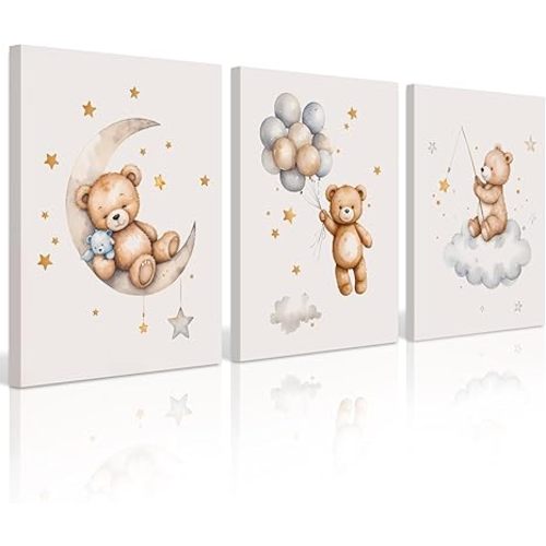 Baccone Teddy Bear Nursery Wall Art Decor Baby Boy Girl Room Poster Vintage Nursery Canvas Wall Decor Toddler Kids Room Pictures Cute Bear Neutral Artwork for Bedroom Playroom 12x16 Framed Set of 3