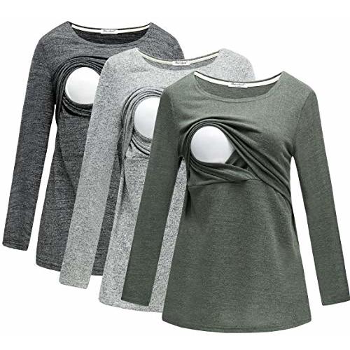 Bearsland Women's 3 Packs Maternity Clothes Long Sleeves Breastfeeding Shirts Nursing Top
