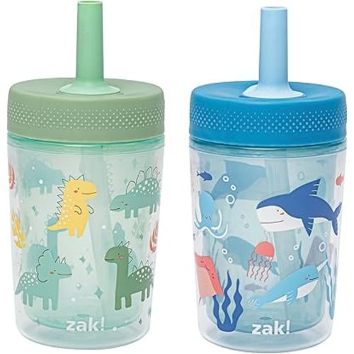 Zak Designs Capri Toddler Tumblers For Travel or At Home, 9oz 2-Pack Double Wall Plastic Sippy Cups With Leak-Proof Design is Perfect For Kids (Dino Buddies, Bubble Bay)