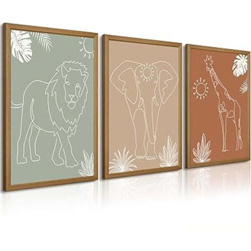 Safari Nursery Wall Art Pictures Baby Animal Canvas Wall Decor Boho Jungle Wall Art Kids Minimalist Poster Elephant Giraffe Lion Prints Nursery Safari Artwork for Bedroom 12x16 Inch Wood Framed Set of 3