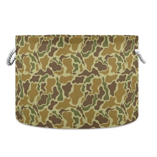 Green Camo Print Collapsible Round Storage Basket with Handles | Military Camouflage Large Laundry Baskets Hamper, Organizer Bin for Nursery Bedroom Living Room Decor, 20x 20x 14 Inches