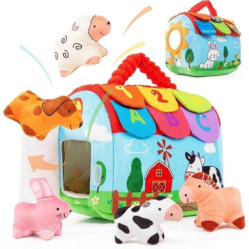 Surprise Barn Stuffed Farm Animals Set, Montessori Sensory Toys with Rattle, Crinkle, Mirror and Balls for 6-12 Months Babies, Indoor Learning Christmas Stocking Stuffer