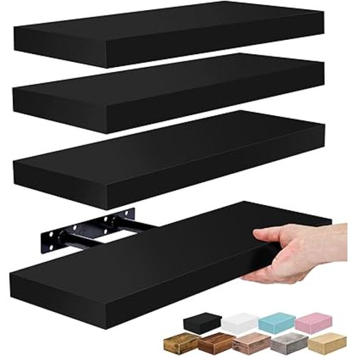 Sorbus Floating Shelves for Wall – 16 Inch Floating Shelf for Kitchen, Bedroom, Living Room, Bathroom, Home & Wall Decor - Mounted Bathroom Shelves with Invisible Brackets (Black, 4 Pack)