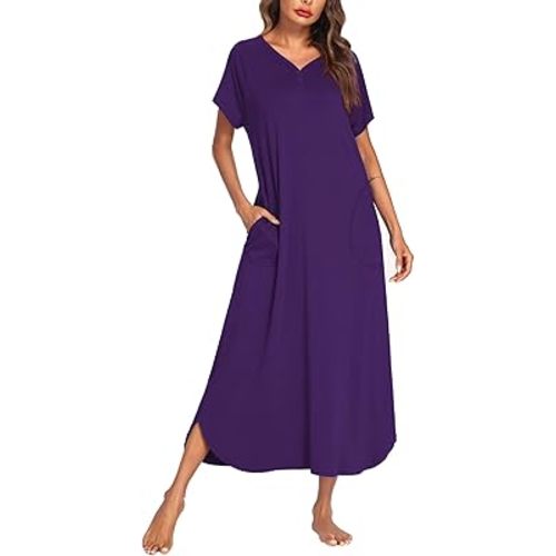Ekouaer Long Nightgown Women's Loungewear Short Sleeve Sleepwear Full Length Sleep Shirt with Pockets