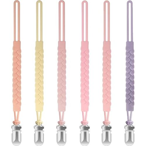 TenderBabe Silicone Pacifier Clip for Baby Girls and Boys, Pack of 6 Soft Flexible Paci Binky Clips with One-Piece Braided-Style Design,BPA-Free Baby Essentials