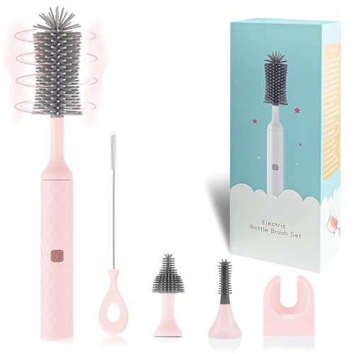 WHNL Electric Baby Bottle Cleaner Kit with Rechargeable Electric Bottle Brush Cleaner, 3 Piece Silicone Bottle Brush and Straw Brush, Multipurpose Automatic Bottle Cleaner, Pink