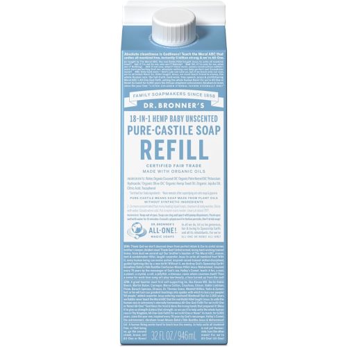 Dr. Bronner's Pure-Castile Liquid Soap Refill - Made with Regenerative Organic Certified Oils, 86% Less Plastic - 18-in-1 Uses, For Face, Body Wash, Hand Soap Refill & More - Baby Unscented, 32oz
