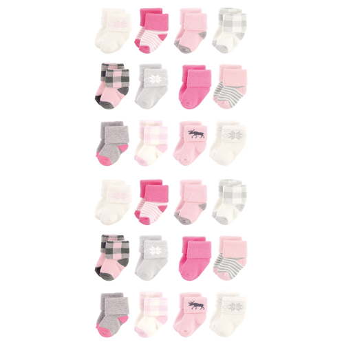 Hudson Baby Cotton Rich Baby Terry Socks 24-Pack, Pink Moose, 6-12 Months