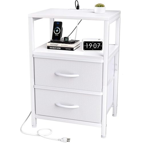 Simple Trending Side End Table with Charging Station, Tall Nightstand Bedside Table with Fabric Drawers for Living, White