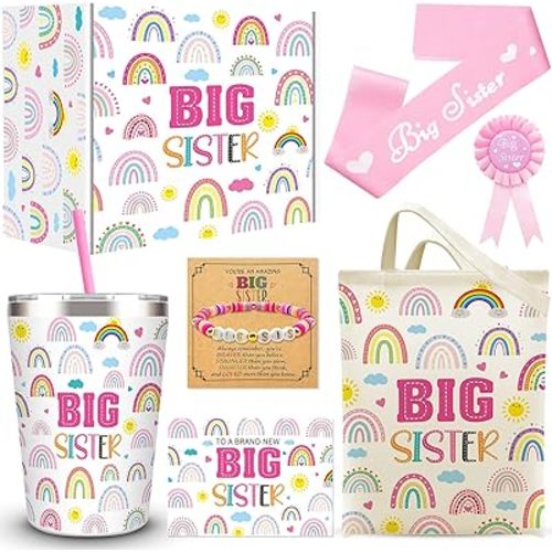7 Pcs Big Sister Gifts for Girls, New Sister Gifts with 12 Oz Pink Sister Tumbler Mug, Canvas Tote Bag, Big Sister Bracelet, Big Sister Satin Sash, Badge Pin and Greeting Card for Little Girls