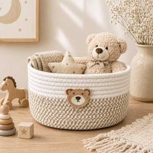 Cotton Rope Bear Storage Basket, Nursery Toy Organizer, Baby Room Bin
