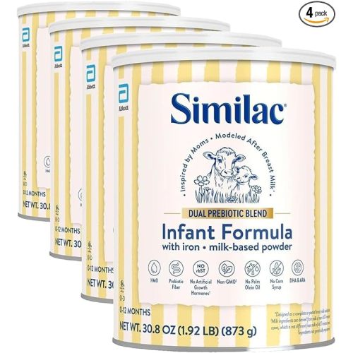 Similac Dual Prebiotic Blend, Baby Formula with Iron, Milk-Based Powder, 0-12 Months, 30.8-oz Can (Pack of 4)