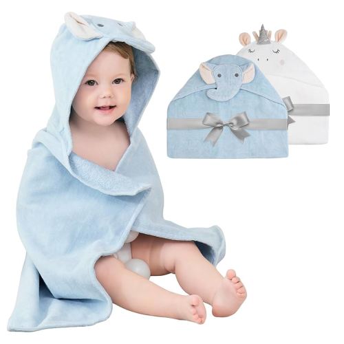Softan 2 Pack Baby Hooded Towels, Premium Soft Cotton Baby Bath Towels with Hood, Extra Thick and Super Absorbent, Essential for Newborns, Infants and Toddlers (Blue Elephant & White Unicorn)