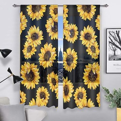 QH Beautiful Sunflower Black Window Sheer Curtains for Living Room Bedroom Kids Room 55" W x 78" L (Set of 2 Panels)