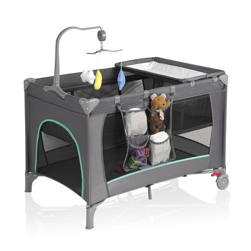 Pack and Play with Changing Table & Carry Bag, 4-in-1 Portable Crib Playpen for Newborn to Toddler, ASTM Certified Foldable Travel Crib with Bassinet(C-Cartoon)