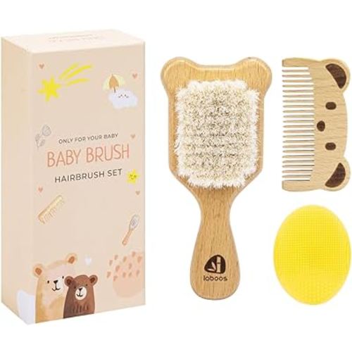 Baby Hair Brush and Comb Set for Newborns & Toddlers - Wooden Handle and Natural Soft Goat Bristles,Gentle Cradle Cap Care,Baby Massage and Scalp Brush,Ideal Baby Registry Gift,Beech with Cute Bear