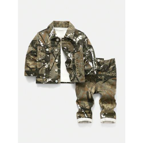 2pcs Baby Boys Vintage Soft Basic Cotton Camo Denim Collar Long Sleeve Jacket And Jeans Set Fall Winter,For Boys Fall/Winter Dailywear Outfits,Boys Streetwear Outfits,Christmas Outfits,,Boys New Year Outfit,Thanksgiving Outfit For Boys,Stylish Clothing Co