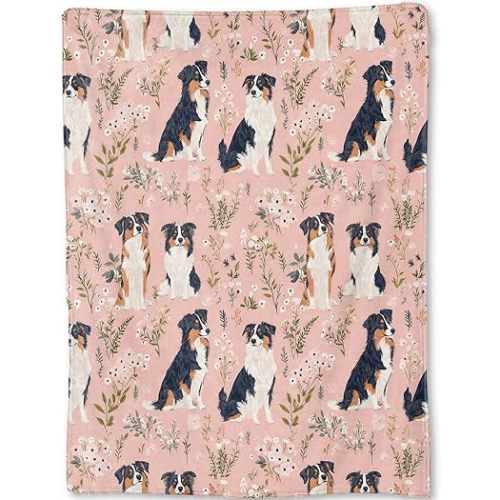 Australian Shepherd Blanket - Cute Dog and Floral Pink Fleece Throw,Gifts for Kids Girls Women, Soft & Warm,Lightweight, for Charming Modern Decor, Dog Lovers, and Room Home Accents 50x60in