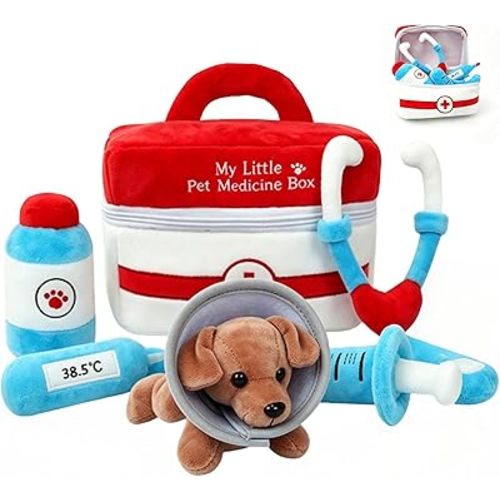Toddler Puppy Toys for Kids Stuffed Toy Set Baby Montessori Plush My Little Pet Medical Playset for Boys Girls Gift Kids Baby 6-12 Months dr Kit Rattle Sensory Toys with Crinkle & Bell