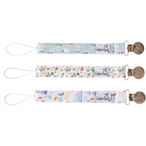 Copper Pearl Pacifier Clip 3-Pack: Premium Knit Binky Clips for Baby Girls and Boys - Stylish Stainless Steel Pacifier Holder Clip - Baby Pacifier Clips for No More Floor Drops - Christmas Classics