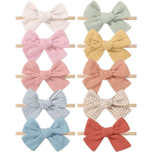 doboi 10PCS Baby Girls Headbands Hair Bows Nylon Cotton Linen Hairbands Handmade Hair Accessories for Newborn Infant Toddlers Little Girl and Kids 3.5Inches