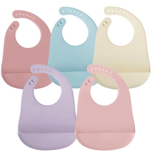 PandaEar 5 Pack Waterproof Silicone Baby Bibs| Super Thin Light Weight Feeding Bib with Food Catcher Pocket for Toddler