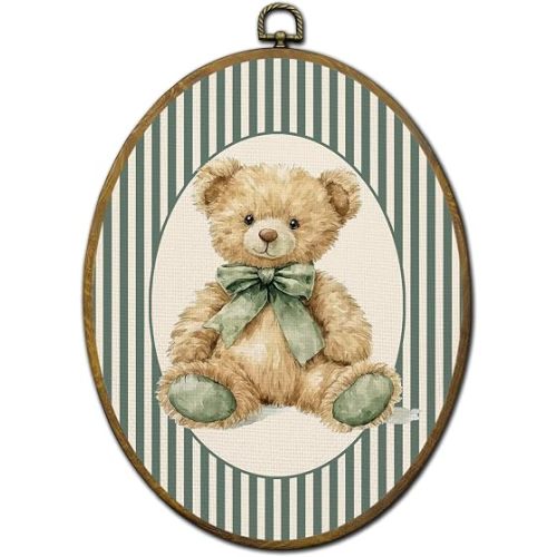 QZQE Vintage Green Bow Bear Nursery Oval Wall Art Decor Framed, Girls Room Oval Canvas Prints, Cute Bear Striped Wall Hanging Decor for Kid Girl Nursery Toddler Room Bedroom Playroom, 8.6x11.4 Inch