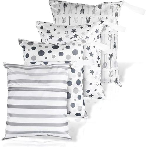 Frienda 4 Pieces Wet Dry Bag for Baby Waterproof Reusable Washable Diaper Bag Sealed with Handle for Travel, Beach, Swimsuit, Diapers, Dirty Gym Clothes and Toiletries (Geometric)