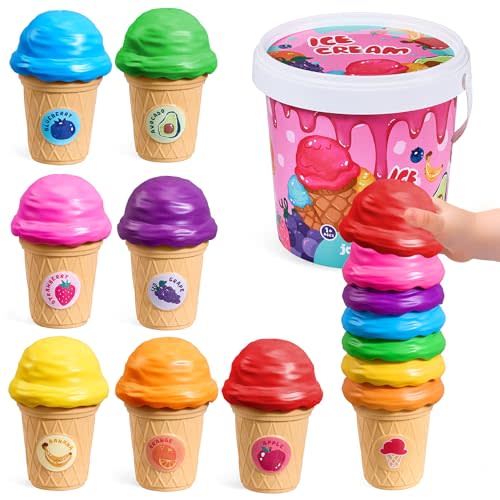 JOYCAT Ice Cream Play Set for Toddlers 1-3, Color Sorting Stacking Toys, Pretend Play Food for Girls Kids Gifts, Fine Motor Skills Learning Toys, Easter Basket Stuffers (7 Cones 7 Scoops 1 Bucket)