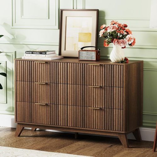VINGLI Fluted Dresser 6 Drawer, Walnut Dresser Wood with Rounded Edges, Mid Century Modern Dressers for Bedroom