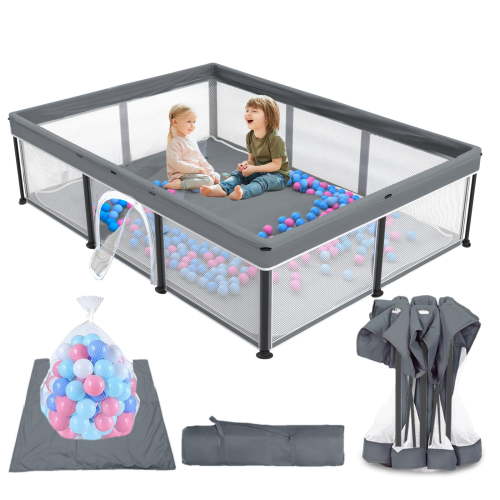 Foldable Baby Playpen with Mat, Collapsible Play Pen for Babies and Toddlers, Indoor & Outdoor Kids Safety Play Pen, Portable Play Yard with 50 Ocean Balls, 50"×70", Gray