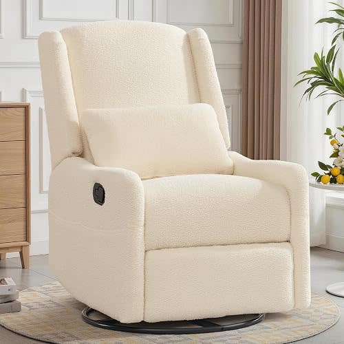 Korser Glider Recliner Rocking Chair, 360° Swivel Boucle Nursery Chair, Comfy Upholstered Recliner for Nursery, Living Room & Bedroom,Beige