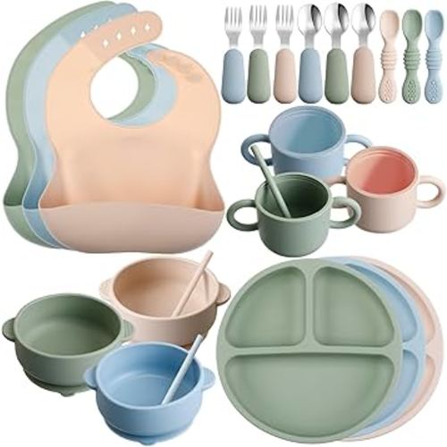 24 Pack Silicone Baby Feeding Set Baby LED Weaning Supplies Includes Suction Divided Plates Soft Bowl Spoons Forks Adjustable Bib Snack Cup and Straws(Gray Blue, Army Green, Beige)