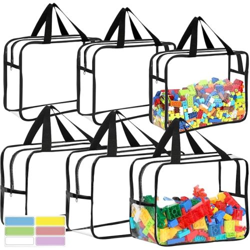 6 Large Toy Storage Bags with Labels Reusable Clear Toy Organizer 3L & 3XL