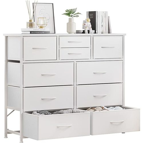 LUMTOK 10-Drawer Dresser, Fabric Storage Dressers Drawers for Bedroom, Hallway, Nursery, Closets, Steel Frame, Wood Top, Easy Pull Handle (White)