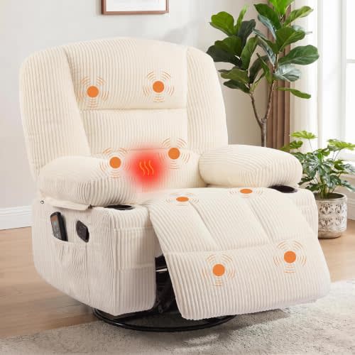 Garvee Oversized Recliner Chair,Extra Wide 360° Swivel Rocker Massage Heat | Corduroy Deep Seat Recliner w/ cup holders,side pocket,armrest storage,Electric Power Reclining Chair for Living Room