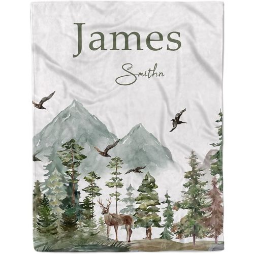 Personalized Woodland Baby Blanket with Name Custom Name Blanket for Boy Newborn Expect Mom Customized Gifts for Baby Shower Birthday Christmas