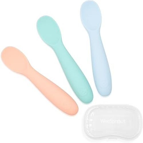 WeeSprout Baby Spoons for Self Feeding 6 Months +, Soft & Durable Silicone Utensils for Sensitive Gums & Teeth, Easy Grip Handles & Shorter Length for Little Hands, 3 Pack + Carrying Case