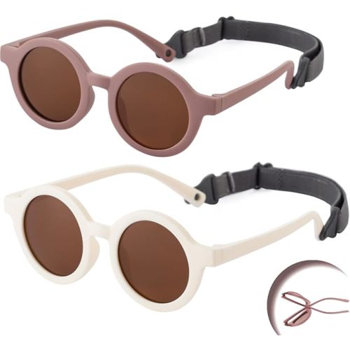 2 Pieces Flexible Round Polarized Baby Sunglasses with Adjustable Strap for Infant Boys Girls Age 0-24 Months