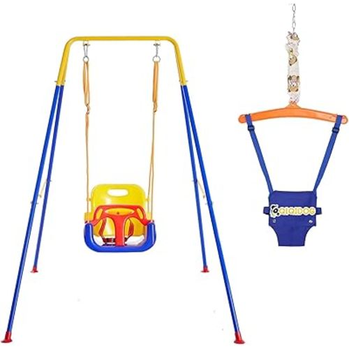4 in 1 Toddler Swing & Jumper, Baby Swing & Bouncer for Outdoor Indoor Play, Baby Bouncer Jumper with Safety Seat, Foldable Metal Stand (Swing & Jumper Set)