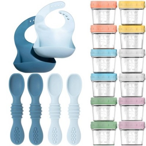 12pc Glass Baby Food Storage Jars, 4 Silicone Baby Spoons & 2 Silicone Bibs, Baby Mealtime Essentials – BPA-Free, Leakproof, and Dishwasher Safe