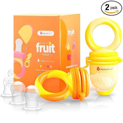 NatureBond Baby Food Feeder/Fruit Feeder Pacifier Nibbler (2 Pack) - Infant Teething Toy Teether Weaning in Appetizing Colors | + Additional Silicone Sacs