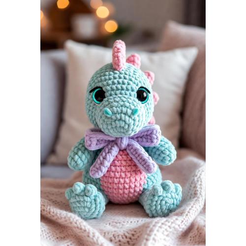 Handmade Pastel Dinosaur Crochet Plush – Amigurumi Toddler Comfort Toy, Nursery Decor