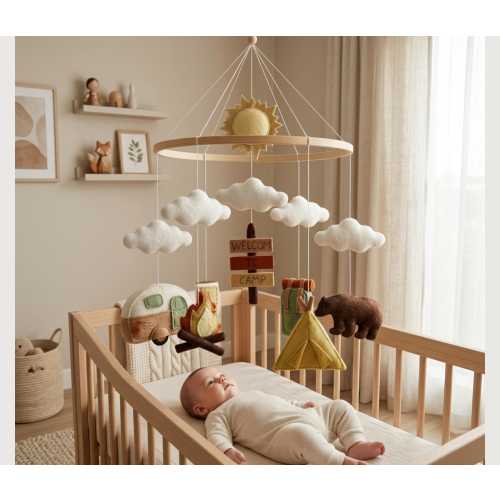 Camping Baby Mobile, Woodland Crib Mobile, Bear Nursery Decor, Adventure Nursery Mobile, Felt Baby Mobile, Neutral Baby Gift, Nursery Mobile